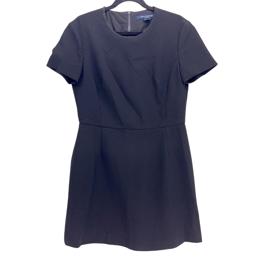 French Connection Black Short Sleeve A-Line Mini Dress Size 10 Zip Back LBD